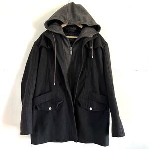 Coogi Men's‎ Hooded Wool Pea Coat Black Gray Zip Front Size XLarge ** Flaws